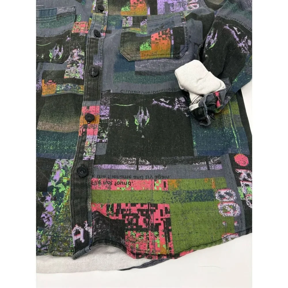 BDG Black Button-Up Shirt with Green, Purple & Pink Graphic Print